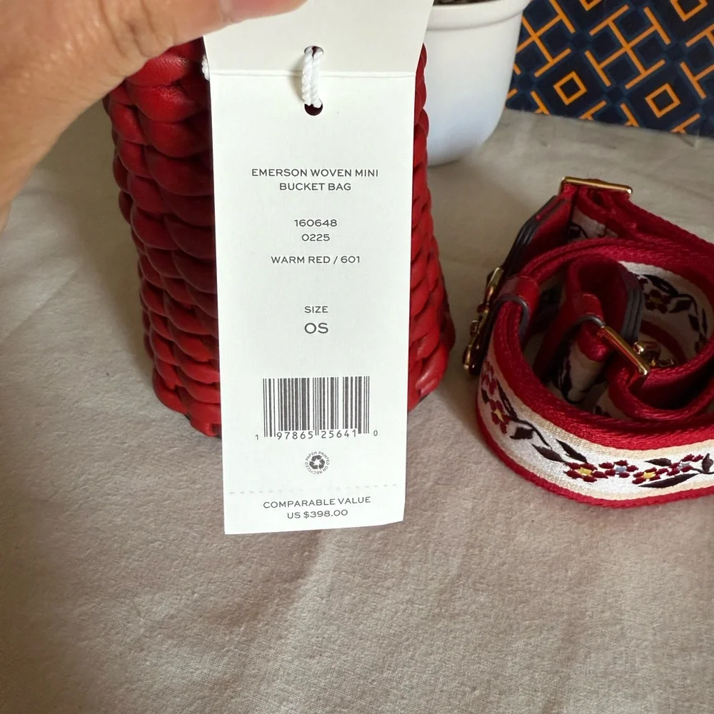 NWT Emerson Warm Red Woven mini Bucket Bag with Embroidered Strap